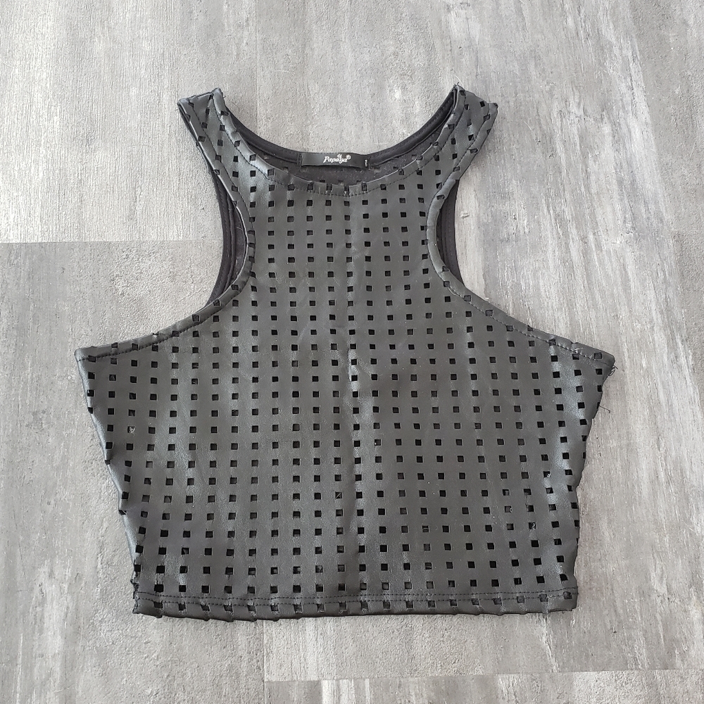 Black Faux Leather Papaya Racerfront Crop